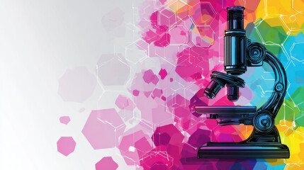 Vibrant illustration featuring microscope against colorful abstract background, symbolizing synthetic life creation and scientific exploration