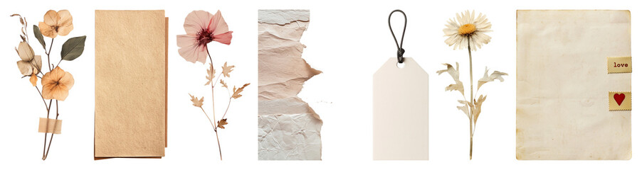 Naklejka na ściany i meble PNG Vintage floral paper elements collection, element set on transparent background Naklejka na ściany i meble PNG Vintage floral paper elements collection, element set on transparent background