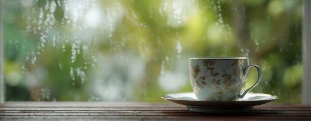 The Tea Cup Resting on a Rustic Wooden Table by Rainy Window