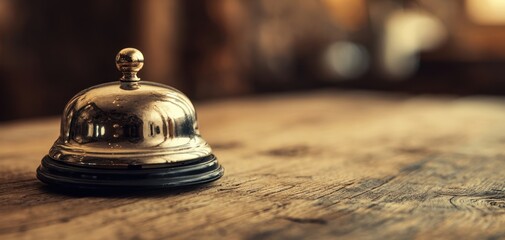 The service bell on a rustic wooden counter evoking vintage hotel reception and hospitality