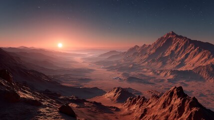 Naklejka premium Sunrise on Mars Viewed from a Mountain Peak in 2506d822