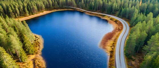 Aerial view of a winding road and lake in forest scenery landscape background