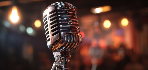 The microphone on a stand gleams under warm lights in a moody jazz club