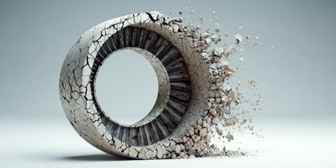 Cracked turbine blade disintegrates against light background, symbolizing decay and fragility. image captures dynamic motion of crumbling pieces, evoking sense of transformation