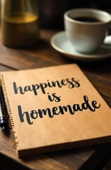 cozy notebook with "happiness is homemade" text on wooden table. warm coffee cup and pen nearby. home comfort and inspiration concept. journal, lifestyle blog, print design.