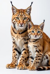 A lynx and her playful cub pose against a clean white backdrop, showcasing their striking features and intricate markings, wilderness, feline