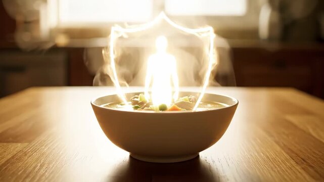 A hand gently places a steaming bowl of soup onto a wooden table, creating a warm and inviting atmosphere in a cozy kitchen filled with soft natural light, perfect for a chilly day.