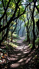 Eerie shadows dance on a twisting, overgrown forest path, gnarled branches reaching like skeletal fingers, environment, mysterious