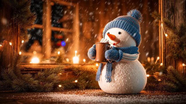 Charming snowman wearing a blue knitted hat and scarf, joyfully holding a steaming mug of hot chocolate, surrounded by festive lights and a cozy winter atmosphere, capturing the essence of holiday che