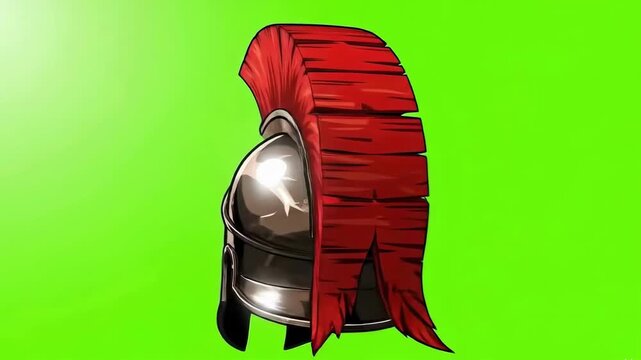 Ancient spartan helmet with red plume on green background