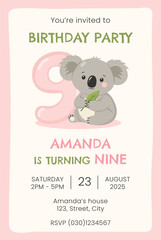 Birthday party invitation card with cute koala. Birthday party vector template