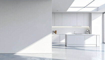 3d render of blank wall at the kitchen; the wall in the left side from the modern minimalist kitchen