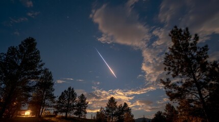 Fototapeta premium Bright Meteorite Streaking Across Night Sky Above Silhouetted Trees