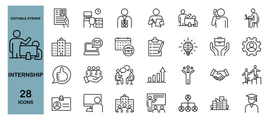 Internship Icon Set – Students, Training, Job, Resume, Interview, Teamwork, Business, Education, Mentor, ID, Phone Support. Editable Stroke, Vector Illustration