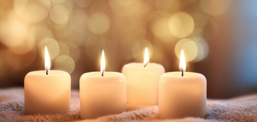The candles glowing softly on a towel with bokeh lights creating warm ambiance