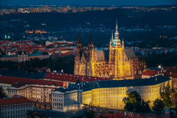 Fototapeta premium Prague, Czech Republic. Night View Of Prague Castle, St. Vitus Cathedral. Lesser Town, Prague Castle In Night Lighting Illumination. Famous Landmark, UNESCO World Heritage