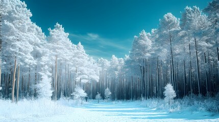 Scenic winter forest landscape with snow covered trees and blue sky