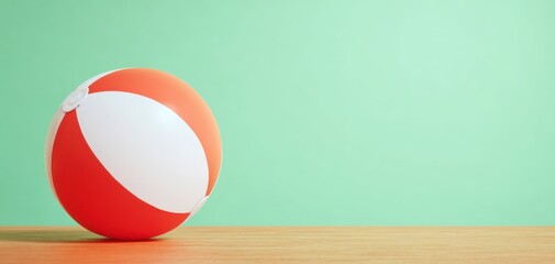 The Beach Ball On A Wooden Table With Mint Pastel Background For Summer