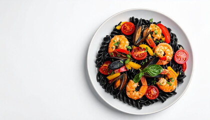 Black pasta with shrimp, mussels and vegetables; flat lay; 