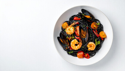 Black pasta with shrimp, mussels and vegetables; flat lay; 