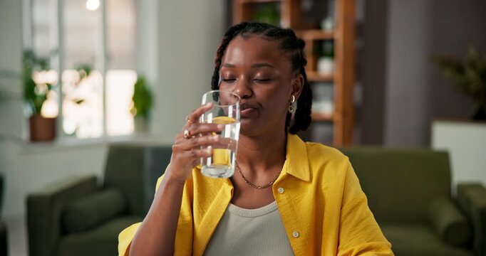 Drinking, health and black woman in house with water, hydration or digestion support. Wellness, h20 and female person in living room with cold beverage, mineral liquid and detox for thirst and relax.