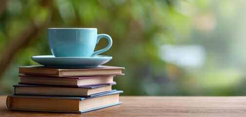 The Blue Cup on a Stack of Books with Saucer on Wooden Table