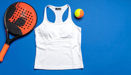 Flat lay style of tank top for exercise mock up, racket and ball as the background