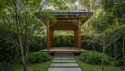 Obraz premium Elegant wooden pavilion nestled in lush green surroundings