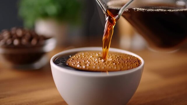 Slow bar coffee, brewed coffee pouring into a white cup.