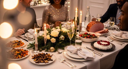 Happy diverse group of friends having christmas dinner sitting around the table at home, new year celebration lunch party, decorated Christmas table, festive meal, dining, eating together, having fun.