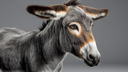 Realistic depiction of a donkey with expressive features, showcasing gradual head movement and detailed fur texture, emphasizing the animal's unique characteristics and engaging demeanor in a neutral - Powered by Adobe