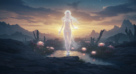 Mystical ethereal figure standing in serene landscape at sunset against transparent background
