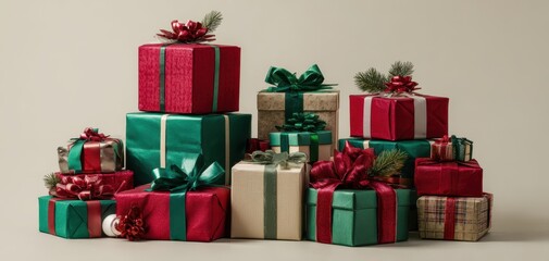 The gifts wrapped in red and green paper with ribbons and pine accents