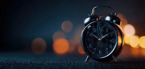 The alarm clock on dark surface with bokeh lights and moody atmosphere