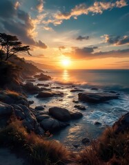 Obraz premium Golden sunset over rocky coastline with waves and glowing sky