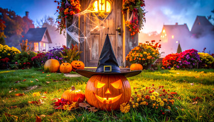 Pumpkin with a hat and flowers on the lawn; old door decorated for Halloween