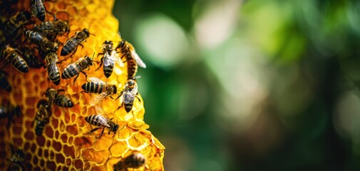 The bees on a golden honeycomb in sunlit tropical garden closeup with bokeh