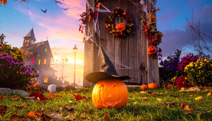 Pumpkin with a hat and flowers on the lawn; old door decorated for Halloween