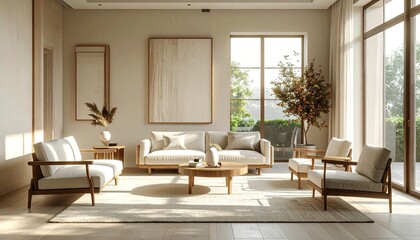 Bright Living Room with Neutral Tones Natural Light Hardwood Floors and Large Windows Overlooking Lush Greenery