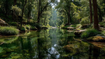 old trees leaned over a picturesque forest river