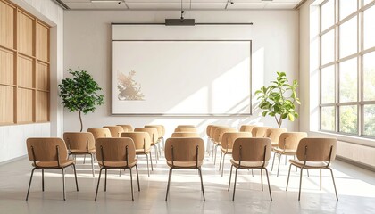 Fototapeta premium Bright Meeting Room with Empty Chairs Screen Plants Natural Light Streaming Through Windows Awaiting Presentation in White Brick Interior with Modern Design