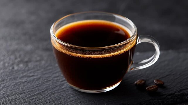 Slow bar coffee, served in a clear glass cup against a dark background.