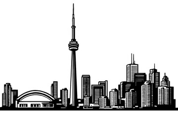Fototapeta premium Toronto skyline silhouette featuring iconic CN Tower and Rogers Centre, a minimalist black and white vector art representation of the Canadian city's urban landscape and famous landmarks, ideal for gr