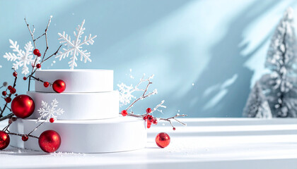 A white podium with snow flakes and white branches with red balls on the background