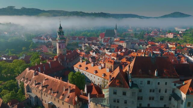 Drone footage showcasing the stunning medieval town of Česk&yacute; Krumlov, a UNESCO World Heritage site in the South Bohemian region of the Czech Republic.