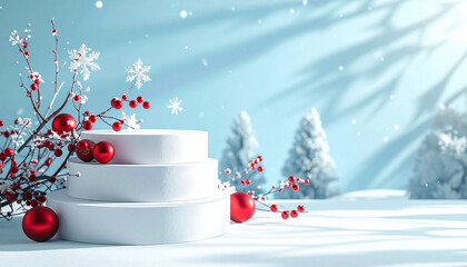 A white podium with snow flakes and white branches with red balls on the background