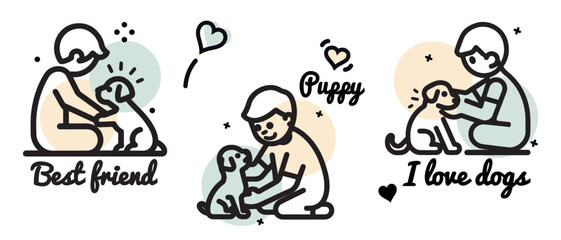 Person And Puppy Line Art For Kids Coloring Pages - Vector Illustrations Set Isolated On White Background