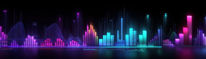 A vibrant digital visualization of data, featuring colorful bars and waveforms against a dark background, representing analytics and technology, virtual multi dashboards for presentation