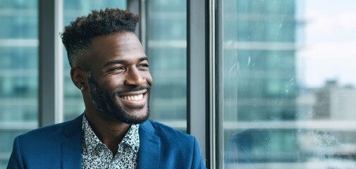 The smiling businessman looking out a window in a modern office environment