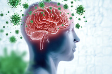 Profile of human head showing inflamed brain surrounded by viral particles. Highlights neurological impact of viruses like Bornavirus, herpes virus, rabies, West Nile, and enteroviruses